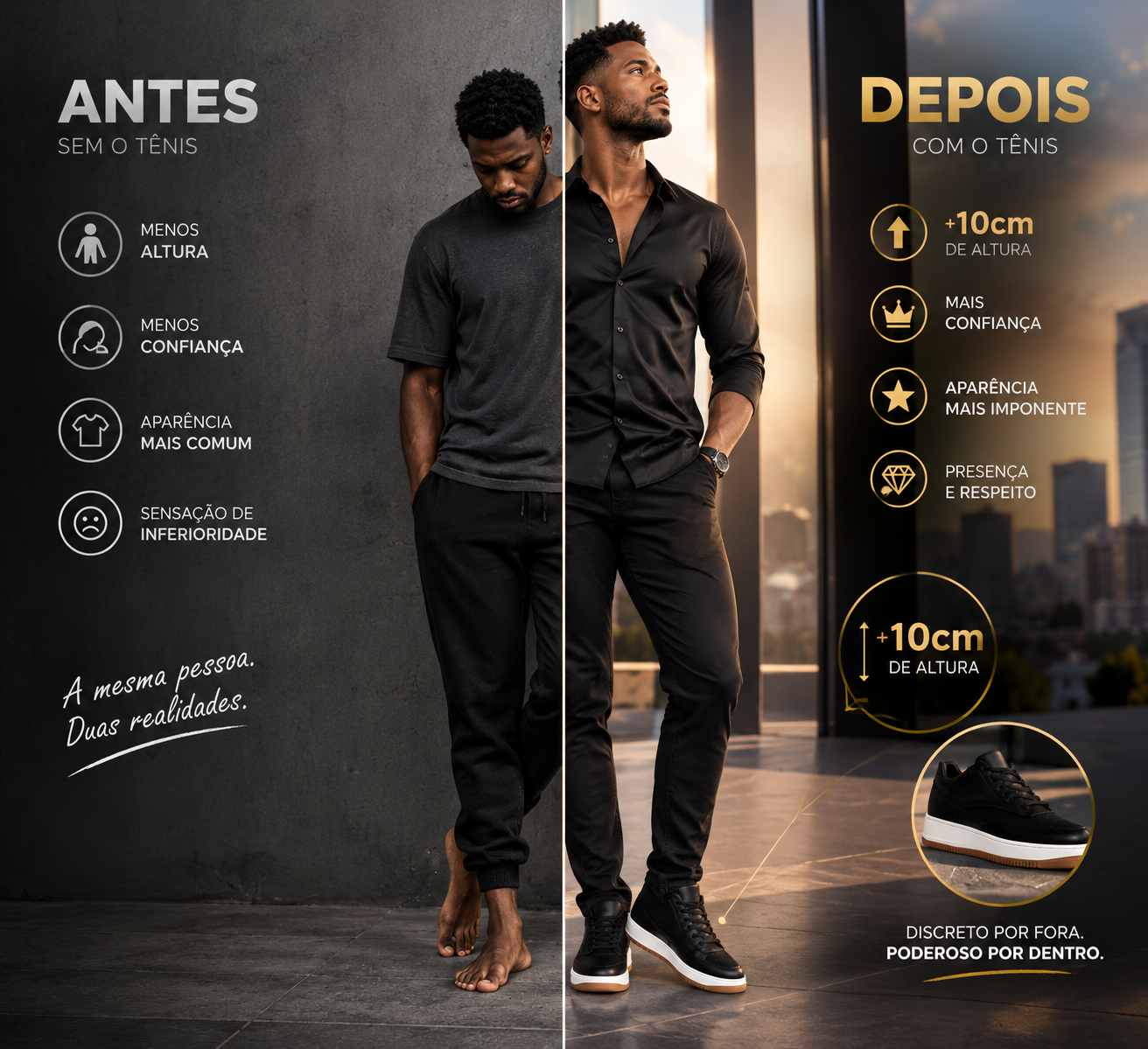 Imagem dividida ao meio. À esquerda, ANTES sem o tênis: menos altura, menos confiança, sensação de inferioridade. À direita, DEPOIS com o tênis: +10cm de altura, mais confiança, aparência mais imponente, presença e respeito.